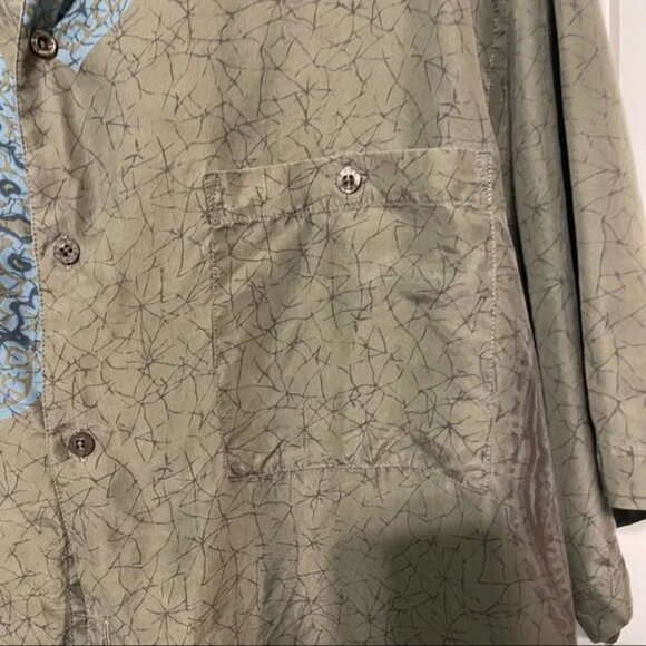 Vintage Kaid mens size XL 100% silk olive green and blue silk button up! - Picture 3 of 6